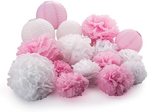 Active Arts 16 pcs Mixed 8" 10" 14" White/Pink Tissue POM POMS and LANTERNS Bundle Wedding Party Baby Girl Nursery Room Decoration