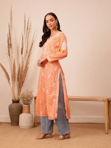 Image of Ada Women's Cotton Straight Fit Straight Hand Embroidered Lucknowi Chikankari Kurta Kurti A411378