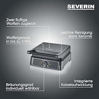 SEVERIN Waffeleisen belgische Waffel, quadratische Waffeln, Keramikbeschichtung mit PFAS-freier Beschichtung, mit Kontrollleuchte, praktische Kabelaufwicklung, 1.600 Watt, schwarz-Edelstahl, WA 2130 – Ansicht 2