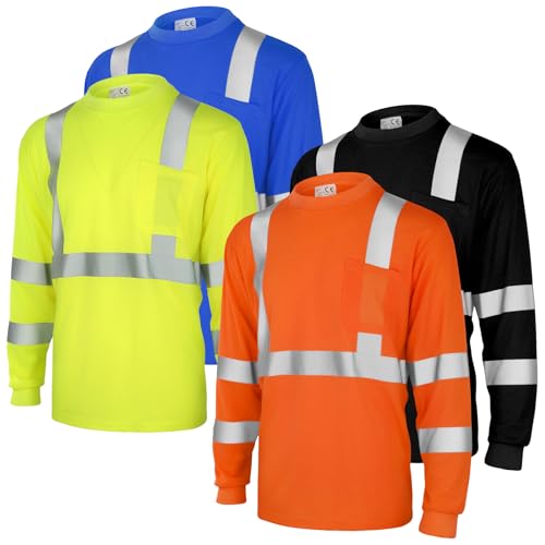Amylove 4 Pcs Long Sleeve Safety Shirt High Visibility Reflective Construction Work Shirts for Men Women(XXL,Yellow, Orange, Black, Blue)