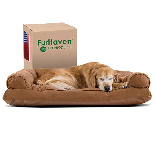 Furhaven Pillow Dog Bed for Large Dogs w/ Removable Bolsters & Washable Cover - Quilted Sofa - Toasted Brown, Jumbo/XL