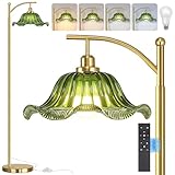 Glass Floor Lamp for Living Room, Modern Standing Lamp with Ribbed Green Glass Lampshade Pedal Switch, Tall Lamp for Bedroom Study Room(Gold)