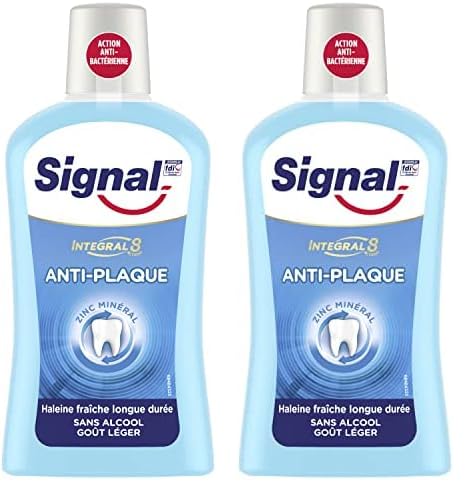 SIGNAL - Bain de Bouche Intégral 8 Anti-Plaque - Lutte contre les bactéries et la plaque dentaire - Haleine fraiche longue durée - Sans Alcool - 500ml (Lot de 2)