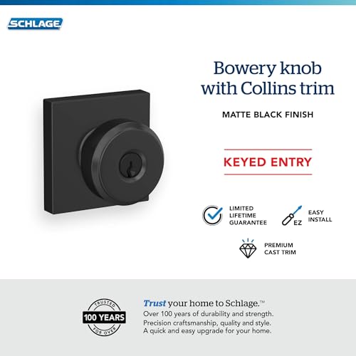 Image of Schlage F51A BWE 622 COL Bowery Door Knob with Collins Trim, Keyed Entry Lock, Matte Black