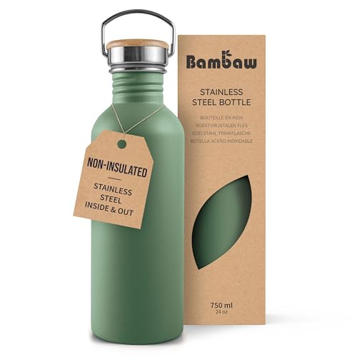 Image of Bambaw 24 oz Stainless Steel Water Bottle, Green, Dishwasher Safe, Non Insulated, No Straw Sage Green