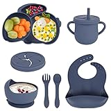 【7-teiliges Set】Kindergeschirr Set enthält 1 verstellbares Lätzchen für Kleinkinder, 1 niedlichen Silikonhasen geteilten Teller mit Saugnapf, 1 Baby-Silikonschüssel mit Saugnapf, 1 Silikon-Trinkbecher mit Griff und Strohhalm, 1 Silikon-Kleinkindlöffel, 1 Silikon-Kleinkindgabel und 1 Snackabdeckung.