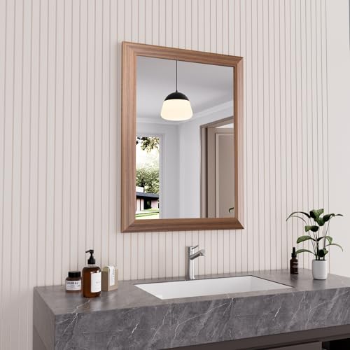 Amorho 22 X30 Inch Bathroom Mirror for Wall, Walnut Wood Grain Metal Framed Mirror, Anti-Rust, Hang Horizontally/Vertically, Suitable for Bedroom, Farmhouse, Bathroom, Decorative