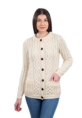 SAOL 100% Merino Wool Ladies Irish Buttons Knit Cardigan Lumber Jacket with Pockets