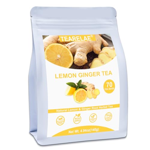 TEARELAE - Lemon Ginger Tea Bags, 70 Count - Natural & Pure Herbal Tea with Ginger Root, Lemon, Lemongrass - Non-GMO - Caffeine-Free - Support Healthy Digestion