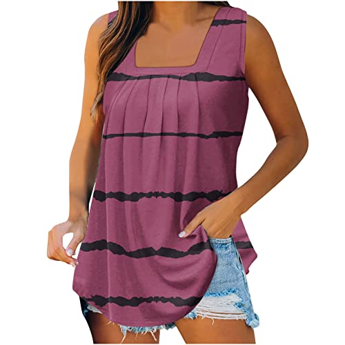 Camiseta de tirantes para mujer, cuello cuadrado, sin mangas, con pliegues, estampado a rayas, elegante camiseta de verano, ajuste holgado, camiseta básica, camiseta de tirantes para mujer, Z1-rosa,