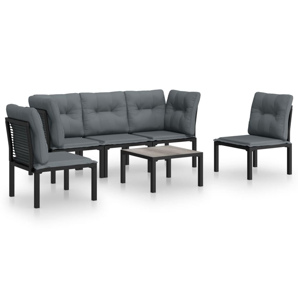 Fengshui Set di 6 mobili da giardino in polyrattan nero e grigio | Design modulare, telaio in acciaio verniciato a polvere, cuscino imbottito spesso, tavolino da caffè