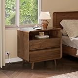 Nasonet Night Stand with Charger Station, Mid Century Modern Nightstand with 2 Drawers, Wood Bedside Table for Bedroom, Curved Beveled Design, Walnut