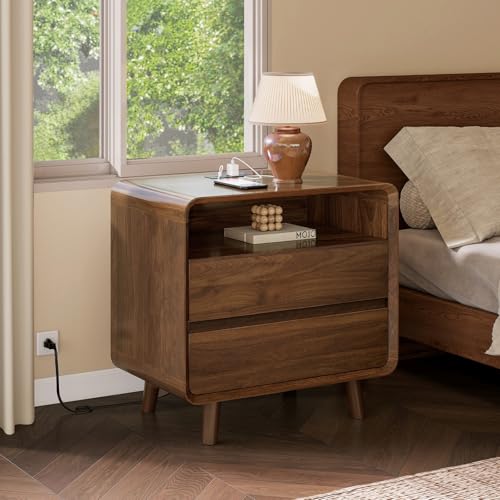 Image of Nasonet Night Stand with Charger Station, Mid Century Modern Nightstand with 2 Drawers, Wood Bedside Table for Bedroom, Curved Beveled Design, Walnut