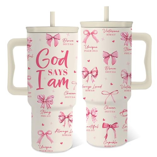 Hiboss Christian Gifts for Women Girls, Pink God Says I Am Tumbler 24 Oz, Inspirational Religious Gifts, Stainless Steel Insulated Pink Bow Cup, Faith Bible Verse Prayer Gift for Birthday