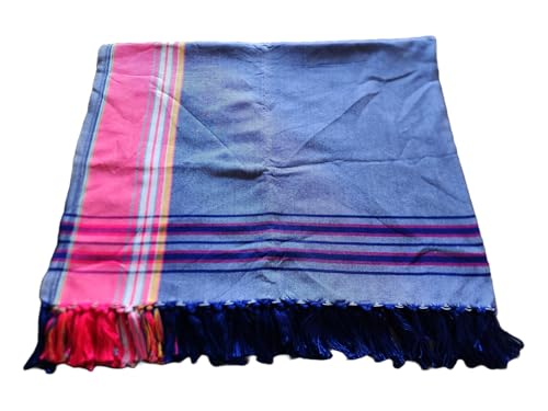 Unisex African Kikoy Scarf, Sarong, Wrap, Throw - 100% Cotton, Handmade Tassels, Multi-Use Beach Cover-Up, Picnic Blanket, & More - Faded Blue with Pink border.3