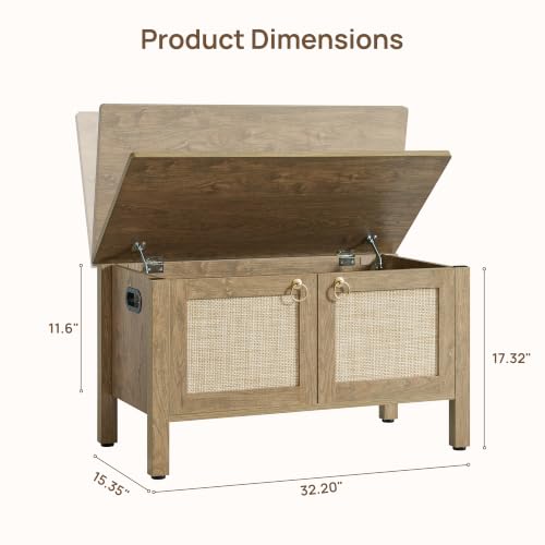 Image of SICOTAS Rattan Storage Bench Boho Storage Chest with 2 Safety Hinges | Wood Storage Truck Box for Bedroom, Living Room, Entryway, Supports 220 lb