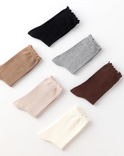 6 Pairs Women's Crew Socks - Cute Ruffle Lettuce Edge, Aesthetic Turn-Cuff Design, Breathable Cotton Socks, Fits Shoe Size 5-93