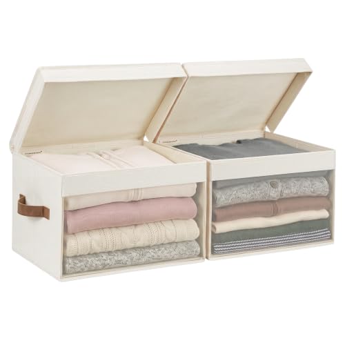 Image of StorageWorks Fabric Storage Bins with Lids, Large Closet Storage Bins | Flip-Top Lid, Clear Window, Handles, Collapsible, for Clothes Blankets Books, Closet Box, Ivory White, 2-Pack