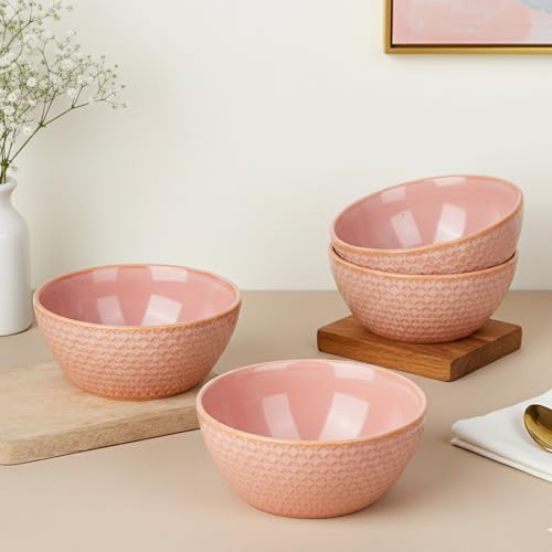 Image of The Earth Store Peach Embossed Ceramic Bowl Set of 4 - 500ML Each | Ceramic Mixing Bowls for Snacks, More | Rice, Dal, Fruits, Salad | Microwave Safe Bowl Set | Perfect for Gifting & Daily Use