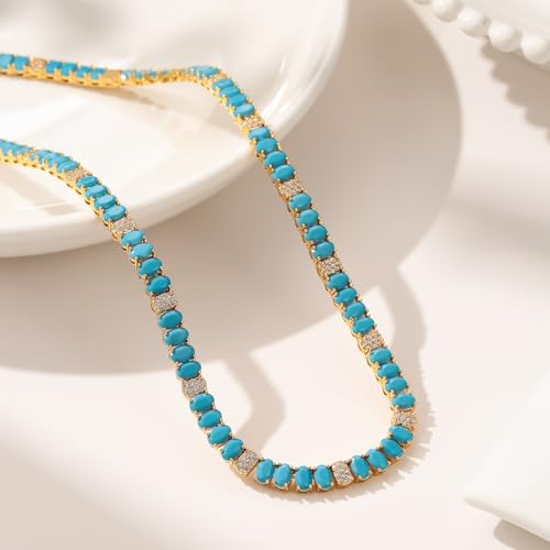 Turquoise Tennis Necklace for Women – Gold Tone Brass Chain with Sparkling CZ Accents, Summer Statement Jewelry, Retro Chic Gift for Her2