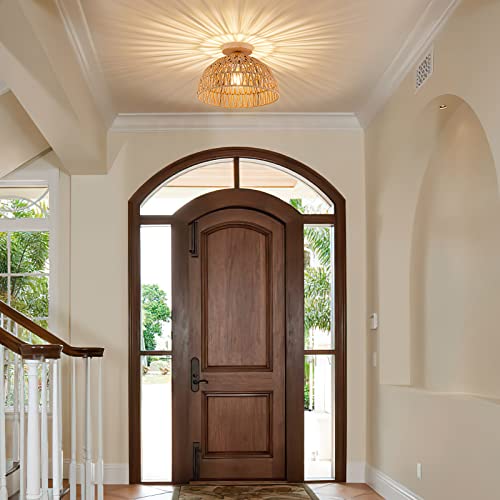 Rattan Ceiling Light Fixtures Boho Chandelier Rattan Flush Mount Ceiling Light Hand-Woven Cage Shade Small Chandelier Light Wooden Ceiling Base For Hallway Bedroom Kitchen Nursery Farmhouse Chandelier #TOP1