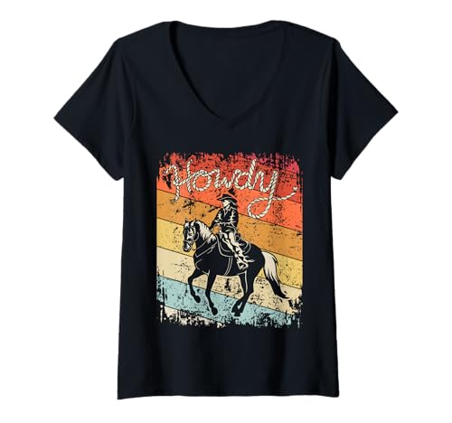 Damen Howdy Vintage Cowgirl Reitpferd Rodeo Western Country T-Shirt mit V-Ausschnitt