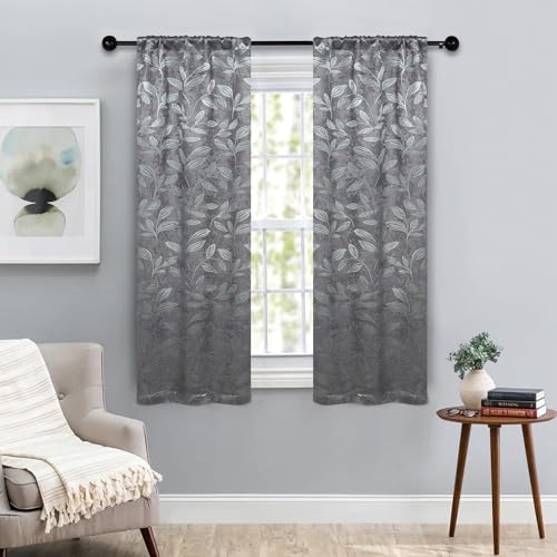 SUPERIOR Semi Blackout Curtains - Modern Leaves - 36" x 63" - Rod Pocket Header - Thermal Insulated, Sun Blocking & Room Darkening Drapes for Bedroom, Living Room - Set of 2 Panels - Nickel Black