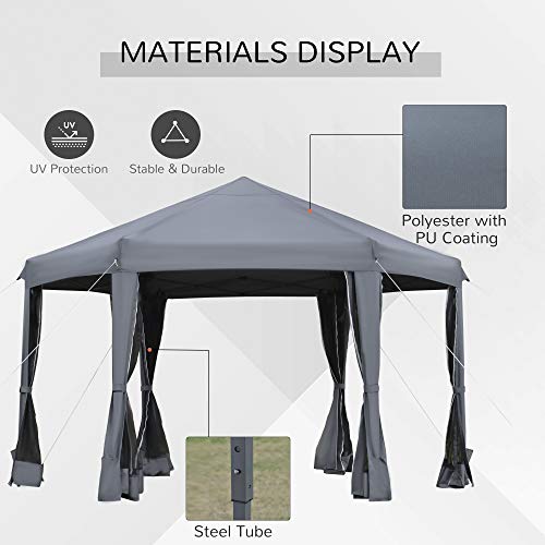 Outsunny 3.8m x 3.2m Pop Up Gazebo Hexagonal Canopy Tent Outdoor Sun Protection with 6 Mesh Sidewalls, Hand Bag, Grey - Image 3