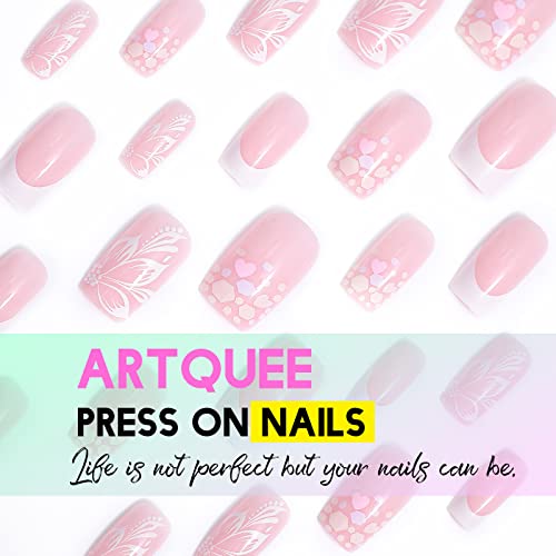 Artquee 24Pcs French Tip Pink Square Press On Nails Medium Length Fake Nail Art With White Flower Debris Heart Designs Acrylic Artificial Glossy Nails In 12 Sizes Stick On False Nails Tips For Women #TOP6