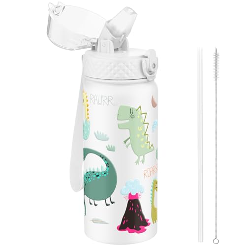 GOPPUS 550ml/18oz Kids Insulated Water Bottle with Straw Cute Double Wall Stainless Steel Child's Small Flask Vacuum Insulated Steel Metal Leak Proof Drink Flask Boys Toddler Girls Flask BPA-Free