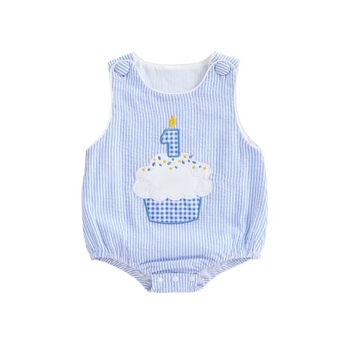 My First 1st Birthday Outfit Baby Boy 1 Year Old Clothes One Sleeveless Shirt Onesie Overalls Cute Outfits (Cake Bubble Blue 12-18 Months)