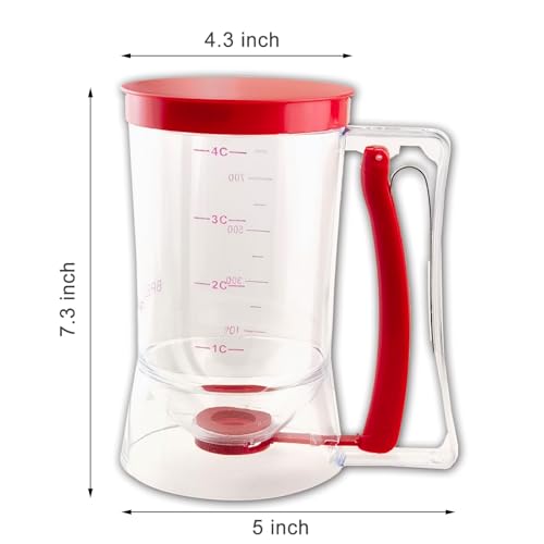 Pancake Batter Dispenser - Cookie Cupcake Cupcakes Waffle Waffles Separator Tool with Squeeze Handle, Easy Pour & Measuring Label for Griddle, Baking Supplies, Crepe & Cake Muffin Mix, Red