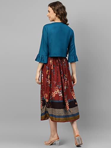 Image of DEEBACO Women's Floral Print Rayon Midi Calf Length Smocking Dress with Solid Shrug for Women|Ruffled 3 /4 Sleeves Shrug Casual Western Fit and Flared Dresses for Ladies Outfits (DBDR00000749 Maroon)