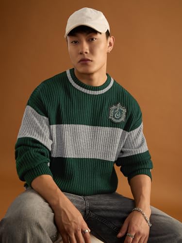 Image of The Souled Store Harry Potter: Lion's House Men and Boys Full Sleeves Crew Neck Striped Acrylic Ribbed Knit Pop-Culture Oversized Pullovers