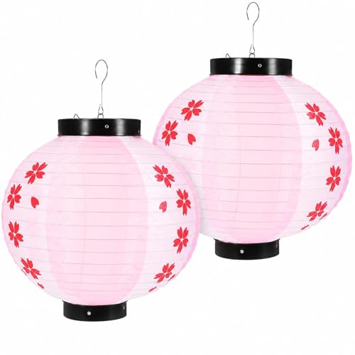 Image of LOGOFUN 2pcs Japanese Style Hanging Lantern Pink (30cm) | Paper Material; Cherry Blossom Pattern; For Sushi Restaurant Indoor Outdoor Decorations