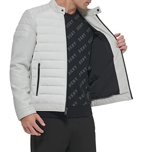 Image of DKNY Men's Mixed Media Faux Leather Puffer Motocross Racer Jacket