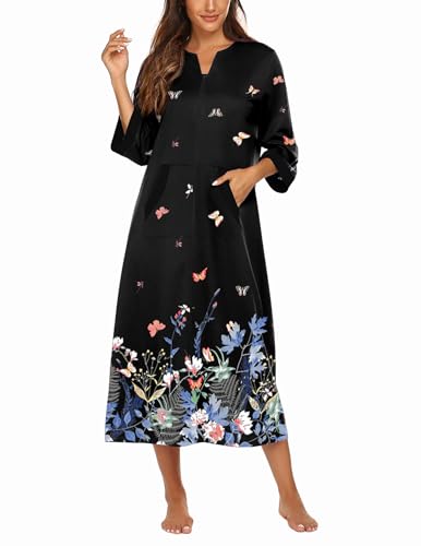 Image of Ekouaer Women Zipper Robe 3 /4 Sleeves Loungewear Dress Full Length Sleepwear Pockets Housecoat Nightgown Long Bathrobe