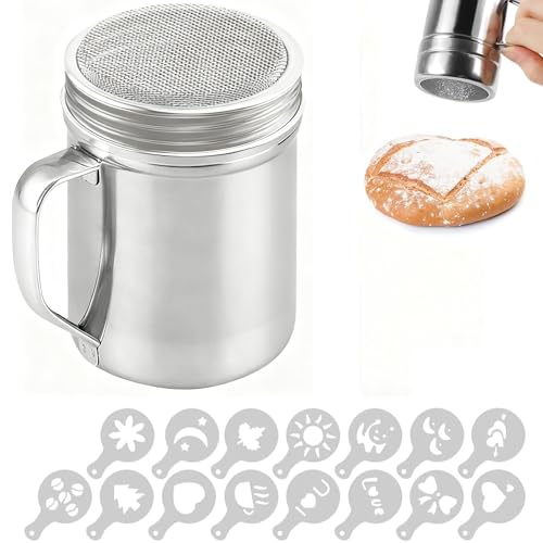 Chocolate Shaker Stainless Steel Duster Dredges Cans Coffee Sprinkles Powder Set Cocoa Cinnamon Powder Can with 16 Coffee Molds Stencils for Kitchen Baking Cooking Cappuccino Latte with Handle