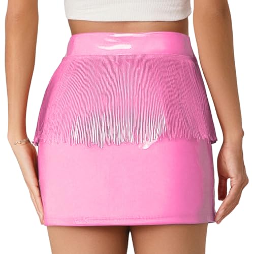 CHICTRY Women Music Festival Fringed Skirt Patent Leather V-Front Side Invisible Zipper Miniskirt2