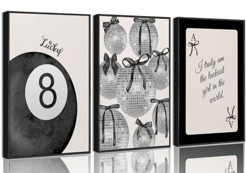 3Pcs Trendy Black and White Preppy Wall Art Lucky 8 Ball Canvas Poster Print Bow Disco Ball Painting Picture Lucky Girl Playing Cards Wall Decor for Girls Room College Apartment 16x24in Unframed