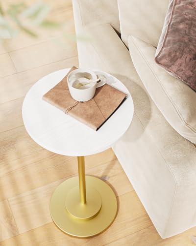 Masupu Drink Table, Round Side Table for Small Spaces, Pedestal Side Table, Small End Table with Metal Base, for Living Room, Bedroom, Bathroom, White Gold