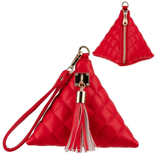 Aatacas Leather Quilted Triangle Wristlet Clutch Purse Handbag - Pyramid Evening Cocktail Wallet Tassel Charm