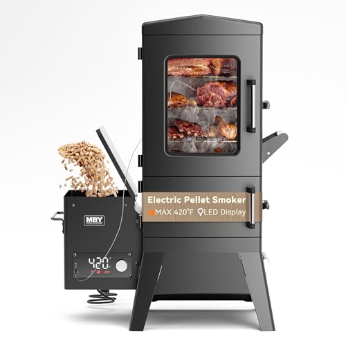 Electric Pellet Smoker with Rainproof Cover & Meat Probe, Vertical Pellet Smoker Grill with LED Display Temperature Control, 616 Sq.in, 4-Rack for Ribs, Brisket, Chicken