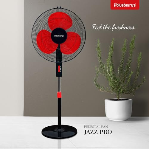 Image of Blueberry's High-Speed Oscillating Pedestal Fan, 3-Adjustable Fan Speeds, Rust Resistant Body, Adjustable Length, RPM 2200, 400-mm Sweep Length (Red)