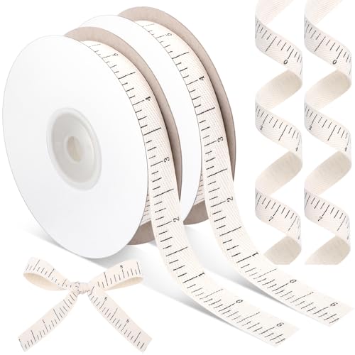 Wavwavw 20 Yards Teacher Ruler Cotton Ribbon Natural 5/8 Inch 100% Cotton Herringbone Twill Ribbon for Crafts Gift Wrapping Birthday Decorations 2 Rolls