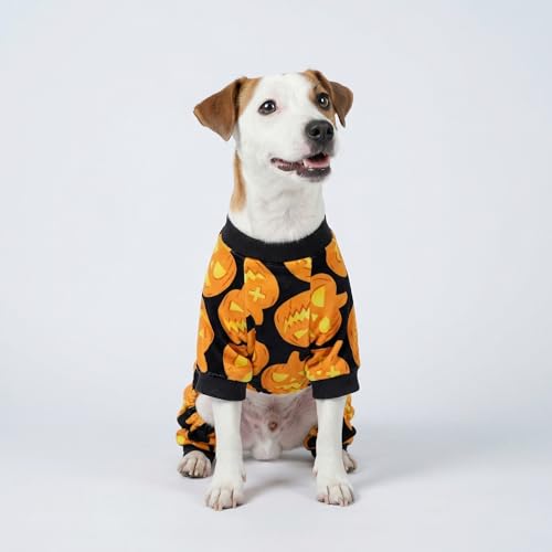 Image of Fitwarm Halloween Pumpkin Dog Pajamas, Funny Dog Winter Clothes for Small Dogs Girl Boy, Pet Jumpsuit, Cat Halloween Costumes with Feet, Lightweight Velvet, Black, Orange, Medium