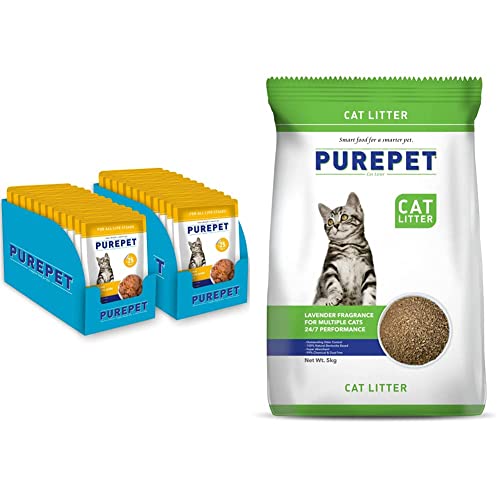 Image of Purepet Wet Cat Food for All Life Stages, Real Tuna and Chicken Liver in Gravy, 24 Pouches (24 x 70g)&Purepet Clumping Lavender Fragrance Cat Litter (for Multiple Cats), 5kg