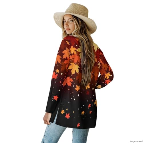 Image of Fall Maple Leaf Cardigan Sweaters for Women Long Sleeve Cardigan Soft Drape Open Front Dusters V-Neck Jackets Dressy
