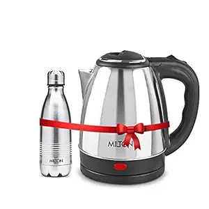 Milton Euroline Combo Set Go Electro Stainless Steel Electric Kettle, 1.5 Litres, Silver and Duo DLX Thermosteel Hot or Cold Stainless Steel Water Bottle, 350 ml, Silver