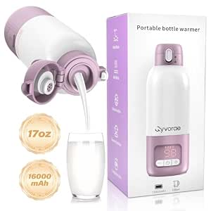Portable Bottle Warmer for Travel, 17 oz Large Capacity & 16000mAh Battery, 8 Temp Control, Fast Heating for Breastmilk, Formula, Water, Milk